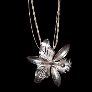 Vintage orchid flower silvertone brooch and multistrand necklace pendant use